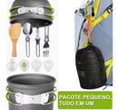 Kit Cozinha Camping Panelas Completo 14 Pecas Mini Fogareiro Cinza Fogao Portatil Acampamento Talheres Dobraveis Copos Pratos Bolsa Transporte Viagem Trilha Camping Pesca Outdoor Utensilios