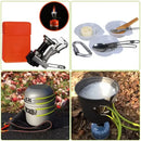 Kit Cozinha Camping Panelas Completo 14 Pecas Mini Fogareiro Cinza Fogao Portatil Acampamento Talheres Dobraveis Copos Pratos Bolsa Transporte Viagem Trilha Camping Pesca Outdoor Utensilios